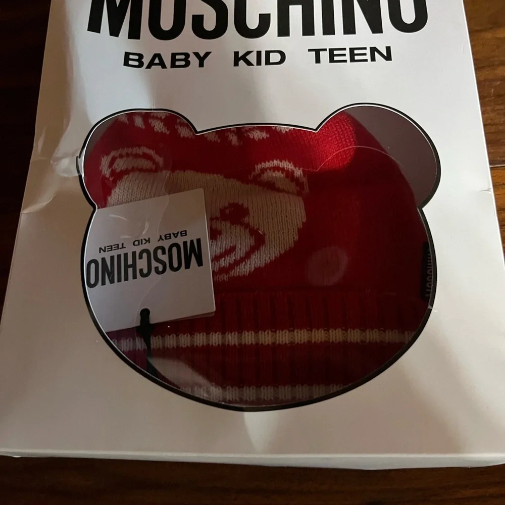 Moschino Red Bear Knit Hat and Mittens Set